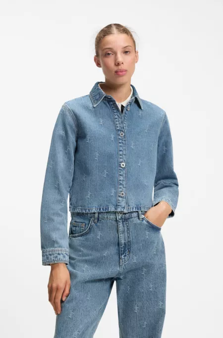 Cropped denim shirt with script logos