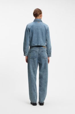 Cropped denim shirt with script logos, Patterned