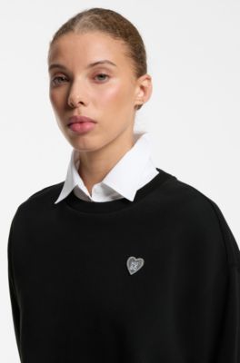 Cotton sweatshirt with glitter-heart logo badge, Black
