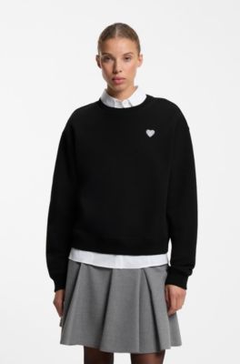 Cotton sweatshirt with glitter-heart logo badge, Black