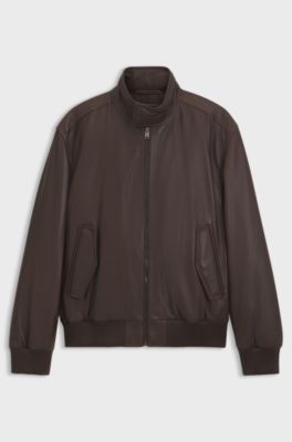 Padded leather jacket with stand collar, Dark Brown