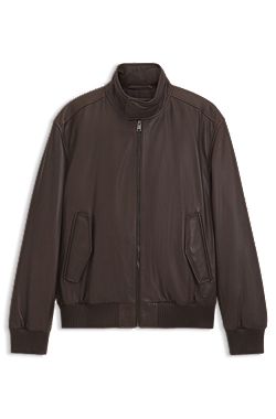 Padded leather jacket with stand collar