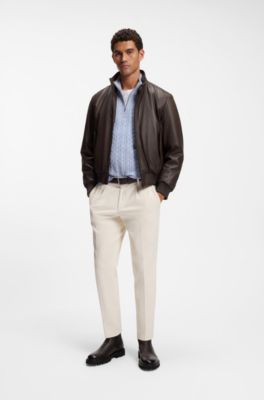 Padded leather jacket with stand collar, Dark Brown