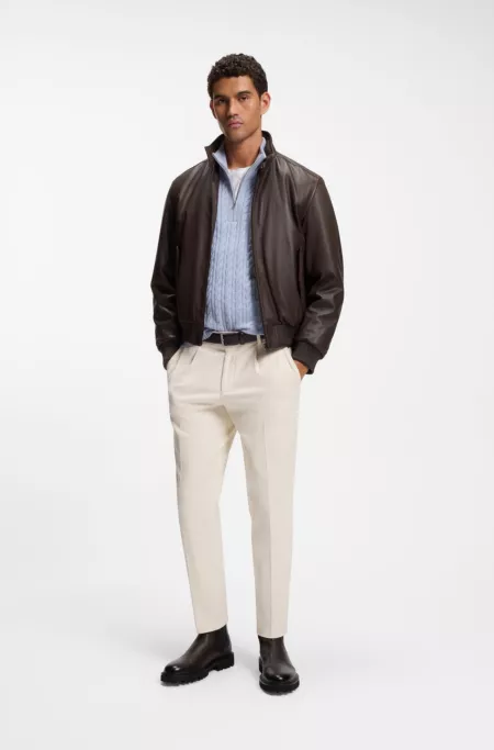 Padded leather jacket with stand collar