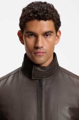Padded leather jacket with stand collar, Dark Brown