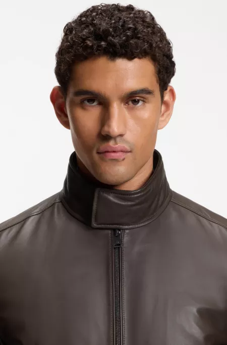Padded leather jacket with stand collar