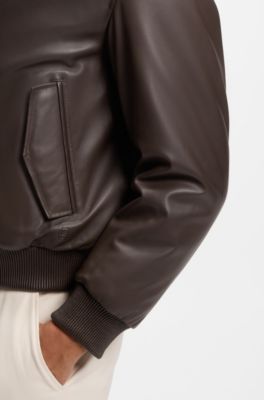 Padded leather jacket with stand collar, Dark Brown
