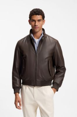 Padded leather jacket with stand collar, Dark Brown