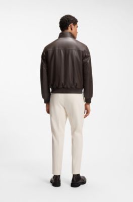 Padded leather jacket with stand collar, Dark Brown