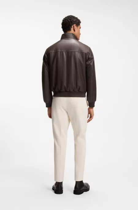 Padded leather jacket with stand collar