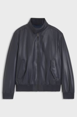 Padded leather jacket with stand collar, Dark Blue