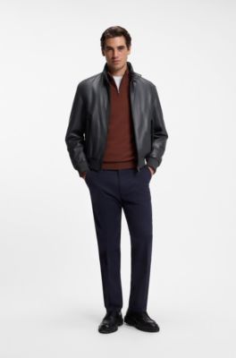 Padded leather jacket with stand collar, Dark Blue