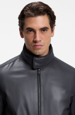 Padded leather jacket with stand collar, Dark Blue