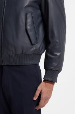 Padded leather jacket with stand collar, Dark Blue