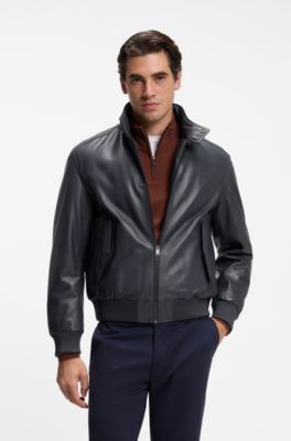 Padded leather jacket with stand collar, Dark Blue
