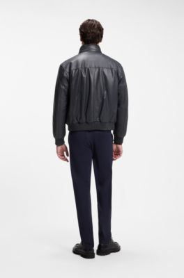 Padded leather jacket with stand collar, Dark Blue