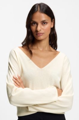 V-neck sweater in cashmere and wool, Natural