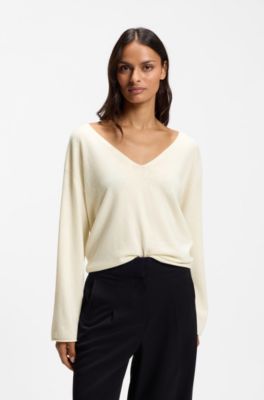 V-neck sweater in cashmere and wool, Natural