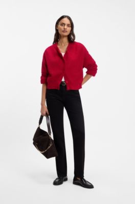 Relaxed-fit cardigan with open-knit details, Red