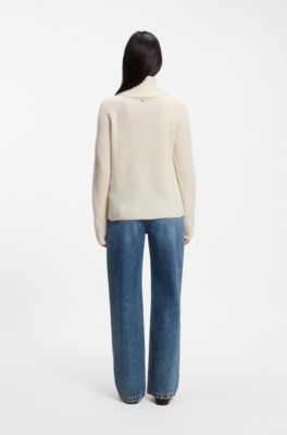 Rollneck sweater with open-knit structure, Natural