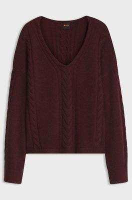 V-neck sweater with cable structure, Dark Red