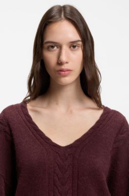 V-neck sweater with cable structure, Dark Red