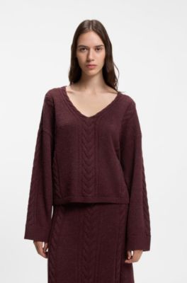 V-neck sweater with cable structure, Dark Red