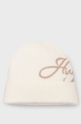 Wool-blend beanie hat with embroidered script logo, Natural