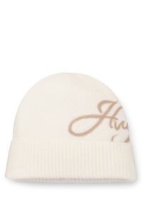 Beanie van een wolmix met geborduurd scriptlogo, Naturel
