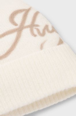 Wool-blend beanie hat with embroidered script logo, Natural