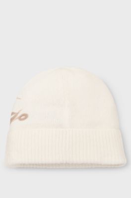 Wool-blend beanie hat with embroidered script logo, Natural