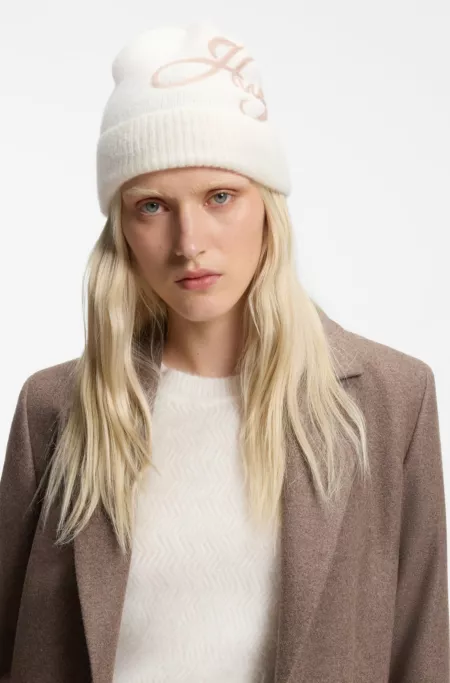 Wool-blend beanie hat with embroidered script logo