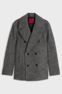 Double-breasted coat in melange fabric, Dark Grey