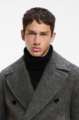 Double-breasted coat in melange fabric, Dark Grey