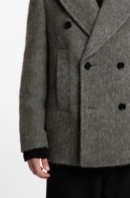 Double-breasted coat in melange fabric, Dark Grey