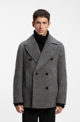 Double-breasted coat in melange fabric, Dark Grey
