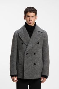 Double-breasted coat in melange fabric, Dark Grey