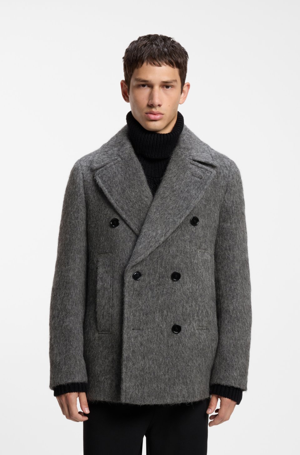 Double-breasted short coat in melange fabric