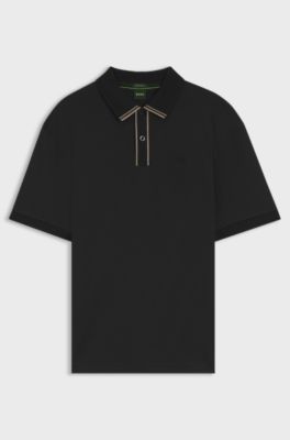 Polo in cotone intrecciato con profili a righe, Nero
