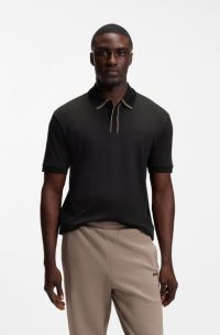 Polo en coton interlock avec finitions ray&eacute;es, Noir