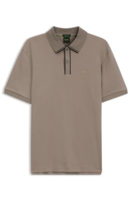 Striped-trim polo shirt in interlock cotton, Light Brown