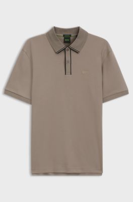 Striped-trim polo shirt in interlock cotton, Light Brown