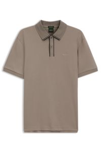Striped-trim polo shirt in interlock cotton, Light Brown