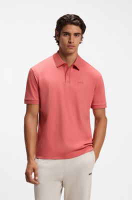 Polo in cotone intrecciato con profili a righe, Corallo