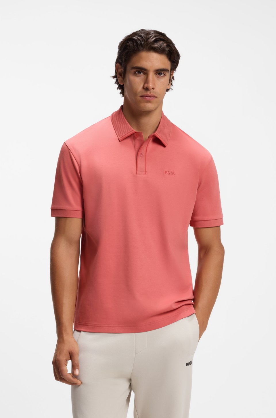 Striped-trim polo shirt in interlock cotton