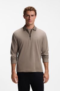 Interlock-cotton polo shirt with collar stripes, Light Brown