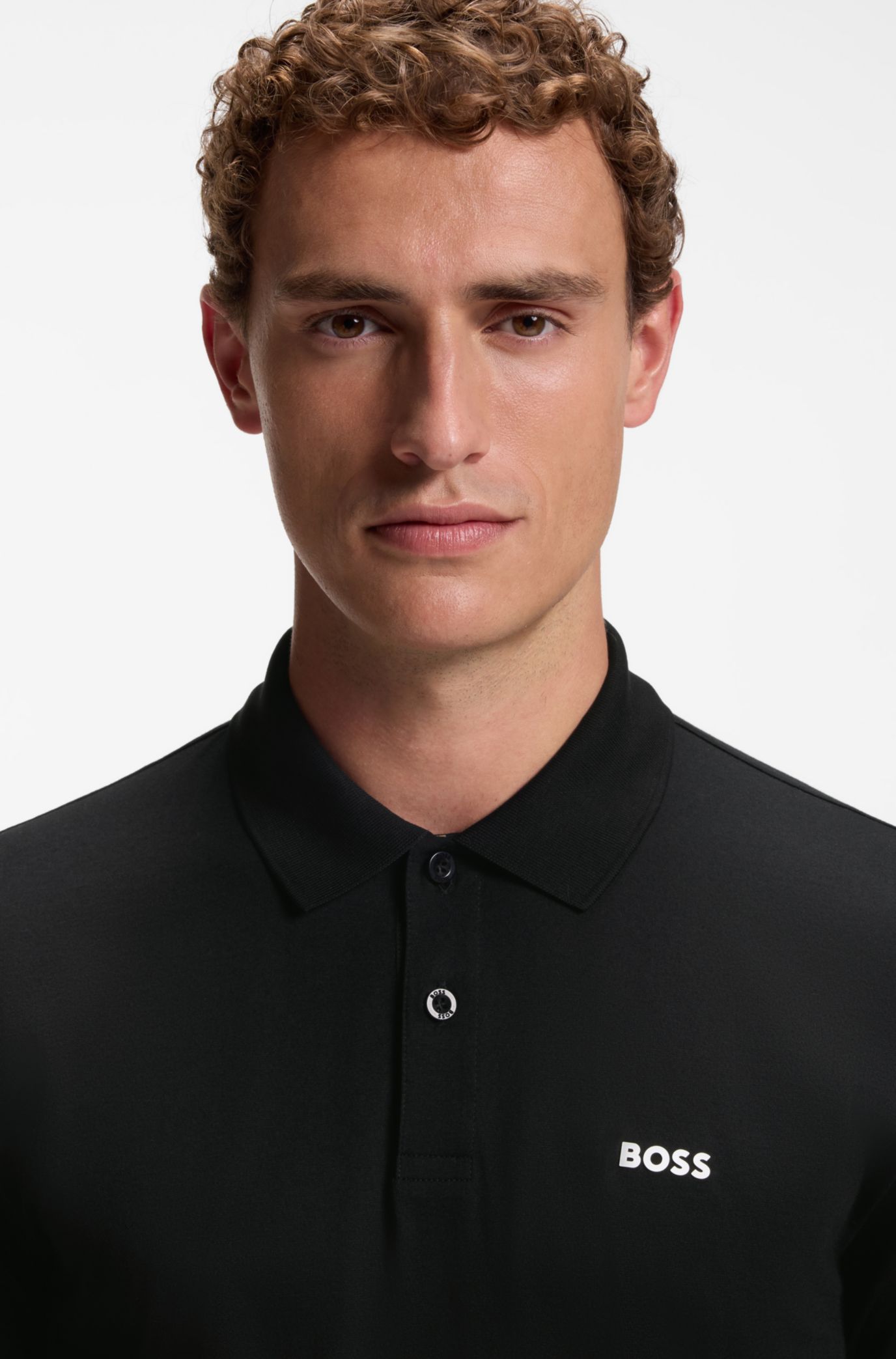 Pima-cotton polo shirt with placed print, Black