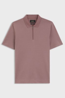Zip-neck polo shirt in a cotton-silk blend, Light Red