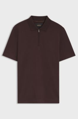 Zip-neck polo shirt in a cotton-silk blend, Light Brown