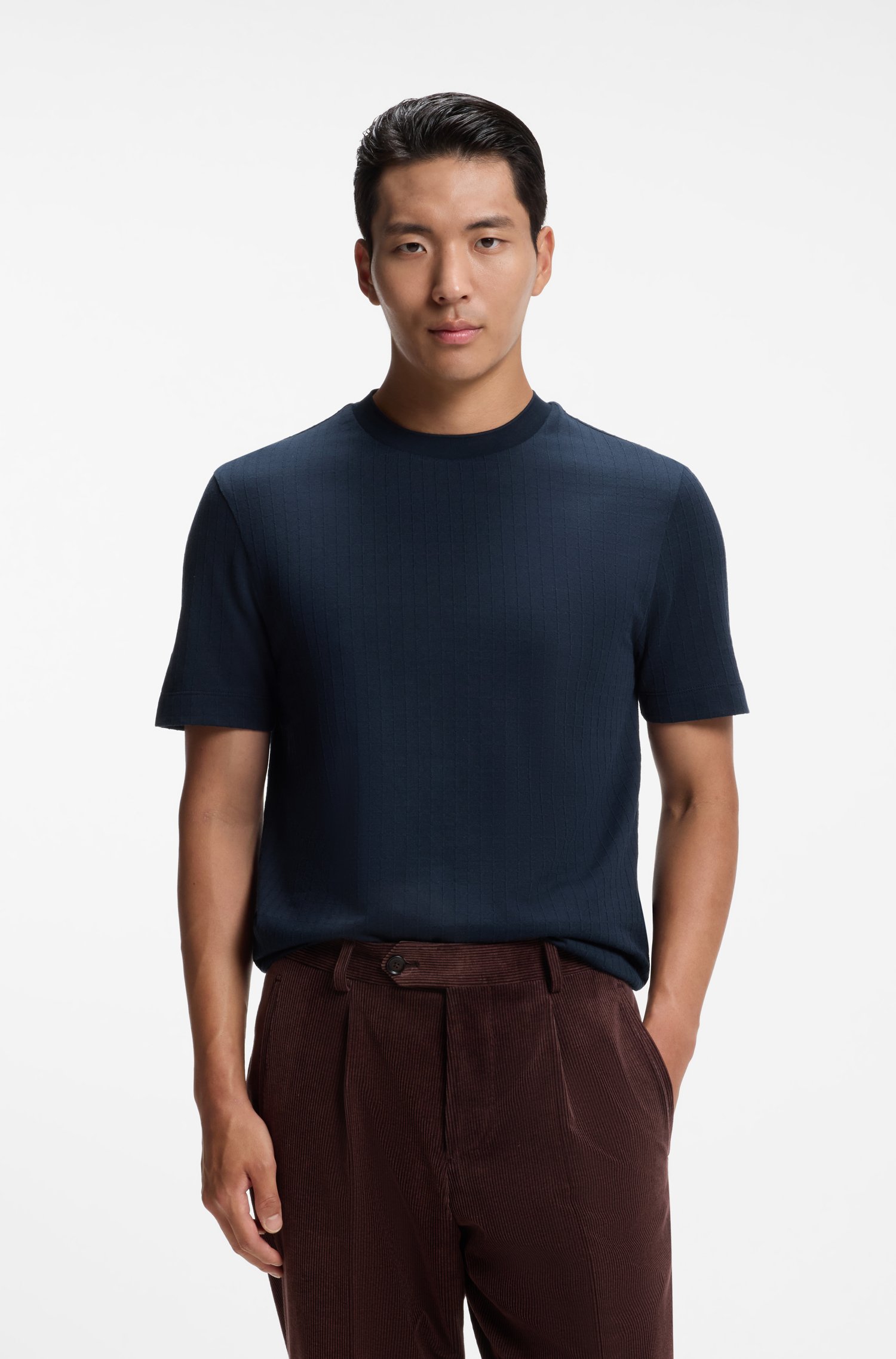 Boss Windowpane-check T-shirt in a cotton and silk blend herr